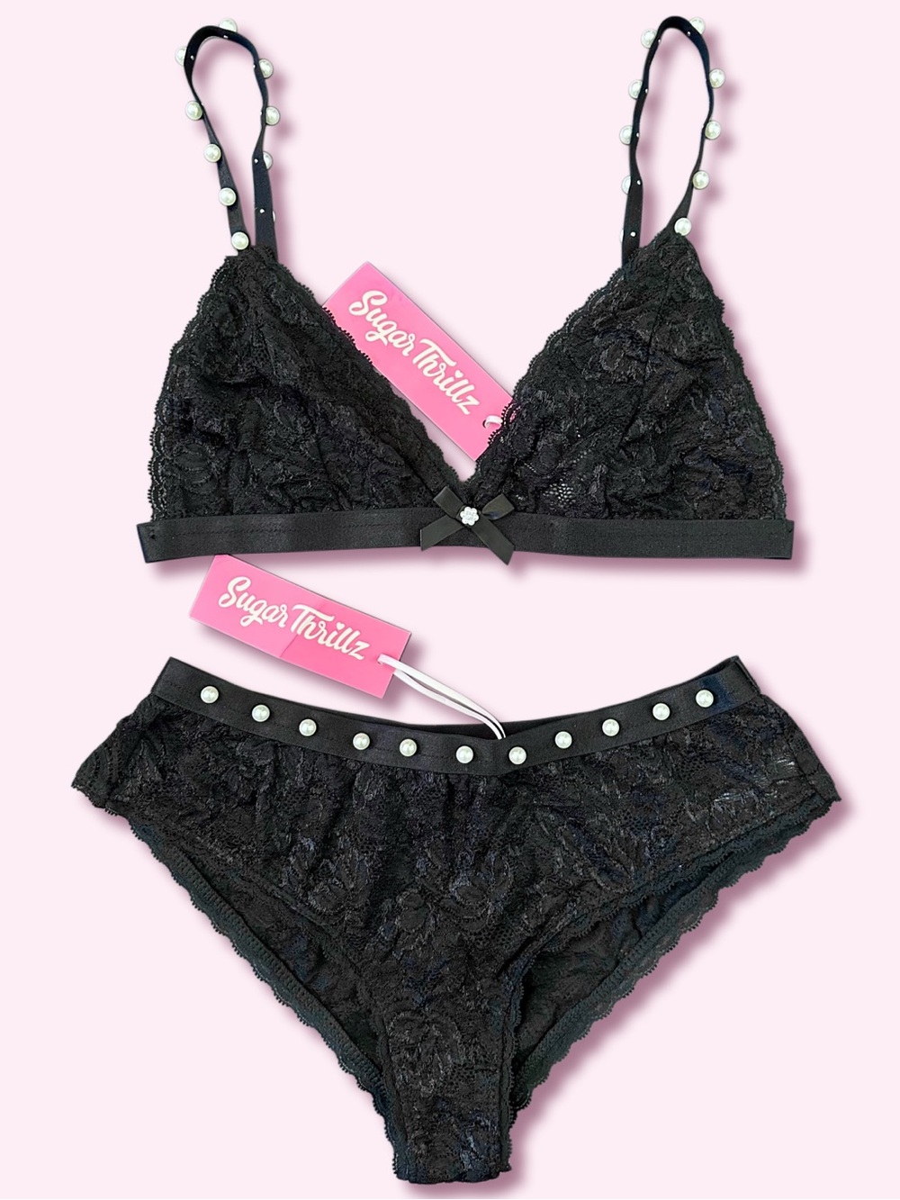 Sugar Thrillz Black Lace Bralette & Panties Lingerie Set NWT S Pearls Dollskill